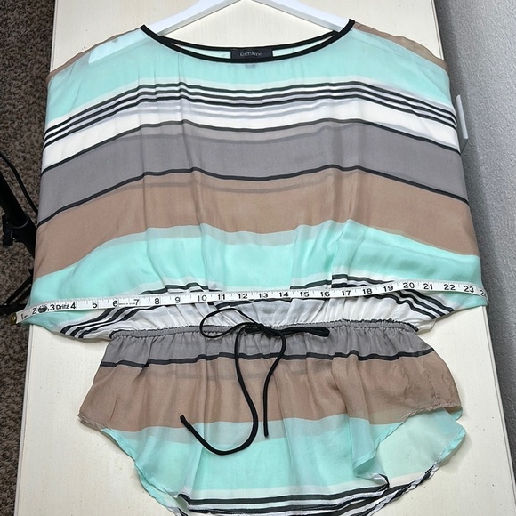 Karen Kane 100% Silk Mint Khaki Black Multi Striped Tie Waist Kimono Top Size M - Picture 8 of 11
